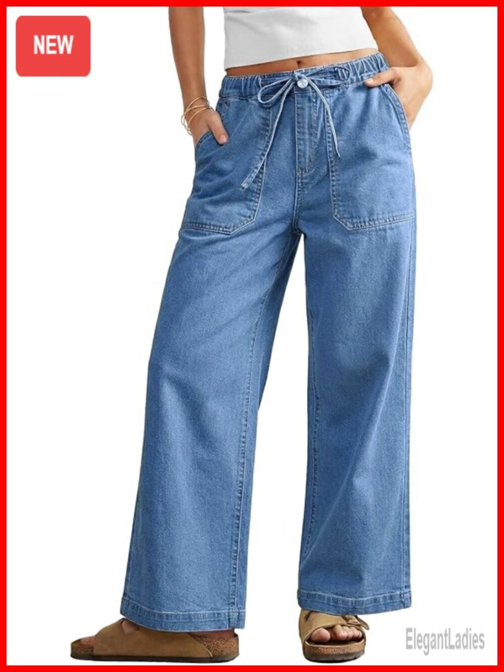 High Waisted Wide Leg Drawstring Elastic Waist Stretchy Denim Jeans Pants